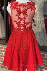 A Line V Neck Short Red Lace Semi Formal Prom Dresses, Red Lace Formal Graduation Homecoming Dresses